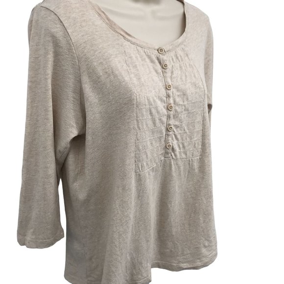 L L Bean Womens Linen Blend Oatmeal Button front 3/4 Sleeve Knit Top Size XS - Picture 2 of 8